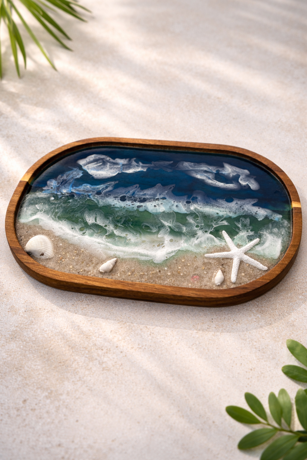 Ocean Resin Tray – Dark Wood with Real Sand & Shells