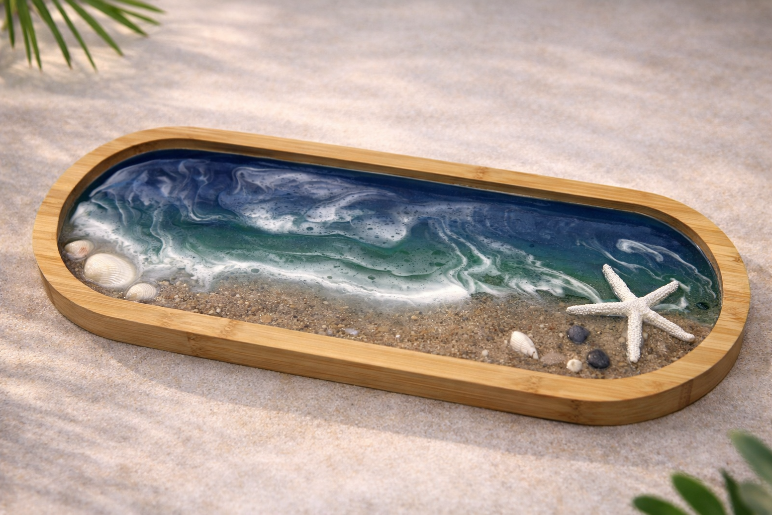 Ocean Resin Tray – Slim Bamboo with Real Sand & Shells