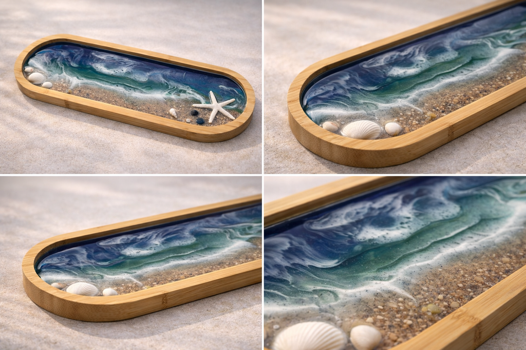 Ocean Resin Tray – Slim Bamboo with Real Sand & Shells