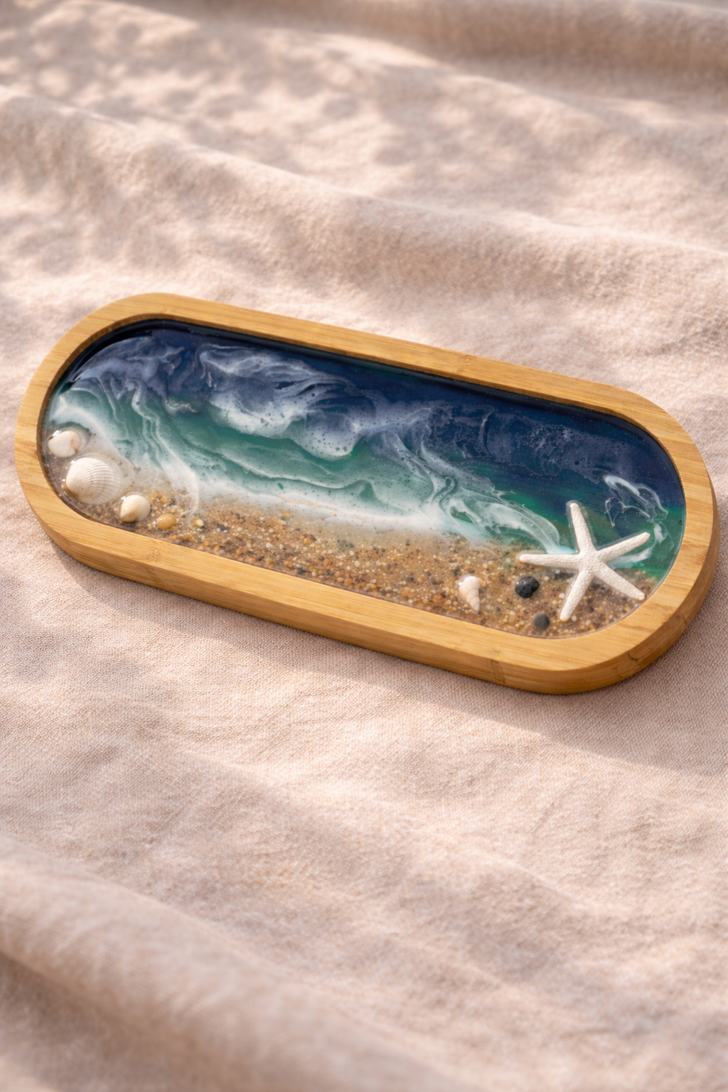 Ocean Resin Tray – Slim Bamboo with Real Sand & Shells