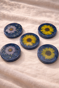 Pressed Flower Resin Coasters – Set of 5 | Real Sunflowers & Cosmos | Deep Blue