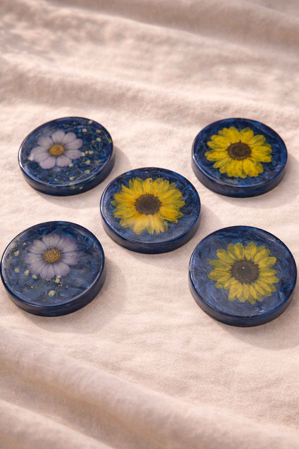 Pressed Flower Resin Coasters – Set of 5 | Real Sunflowers & Cosmos | Deep Blue