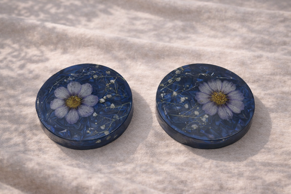 Pressed Flower Resin Coasters – Set of 5 | Real Sunflowers & Cosmos | Deep Blue