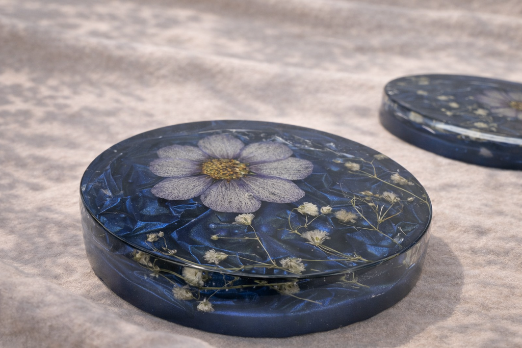 Pressed Flower Resin Coasters – Set of 5 | Real Sunflowers & Cosmos | Deep Blue