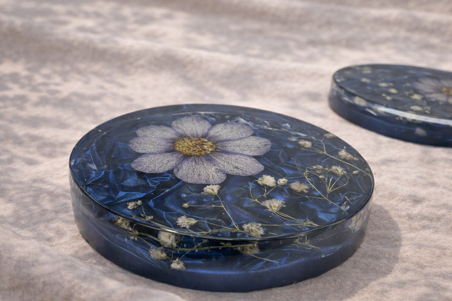 Pressed Flower Resin Coasters – Set of 5 | Real Sunflowers & Cosmos | Deep Blue
