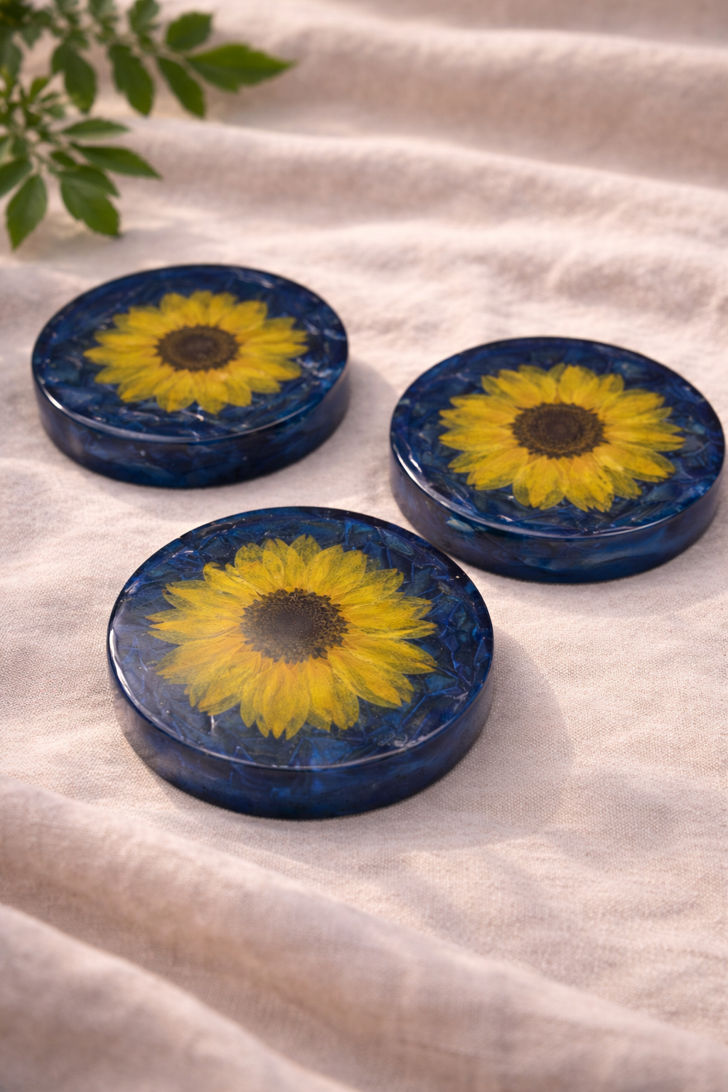Pressed Flower Resin Coasters – Set of 5 | Real Sunflowers & Cosmos | Deep Blue