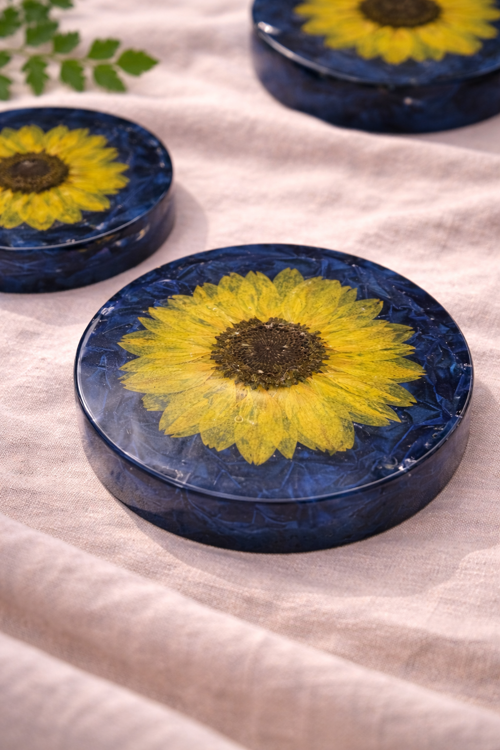 Pressed Flower Resin Coasters – Set of 5 | Real Sunflowers & Cosmos | Deep Blue