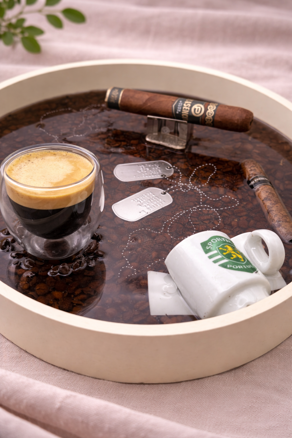 Close up of bespoke resin tray showing coffee beans preserved in deep-pour dark resin, handmade by Held Forever Studio