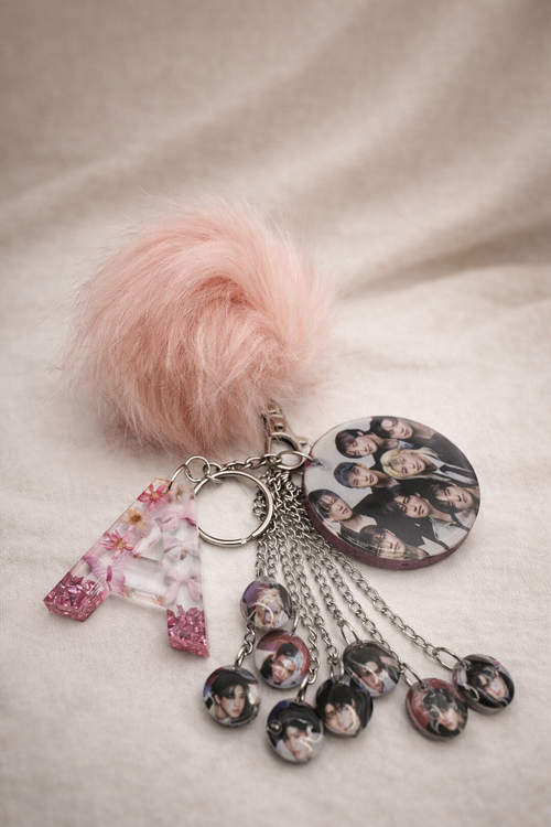 K-pop fan keychain bundle with custom initial letter charm, group photo charm and pom pom, handmade UK