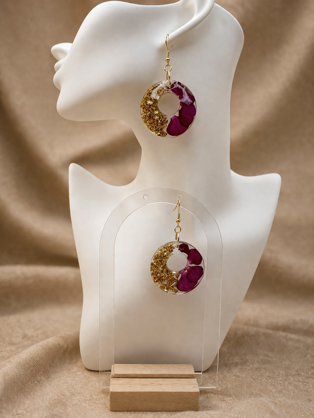 Rose petal and gold foil resin hoop earring on ear mannequin — handmade by Held Forever Studio, Lancashire UK