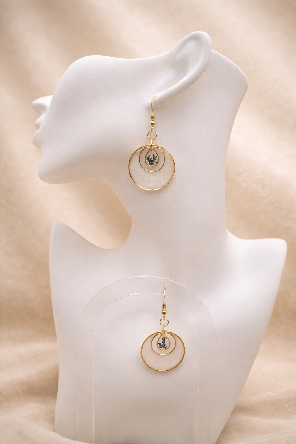 Pearl shimmer resin double hoop earrings with pressed botanical, handmade by Held Forever Studio