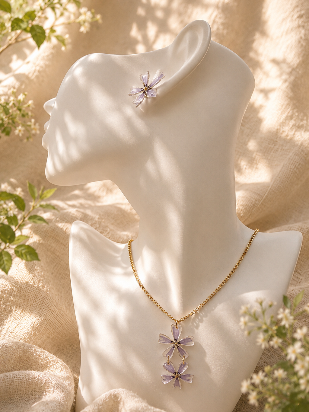 Close up of lilac pressed flower pendant necklace on gold plated chain, handmade in Lancashire UK