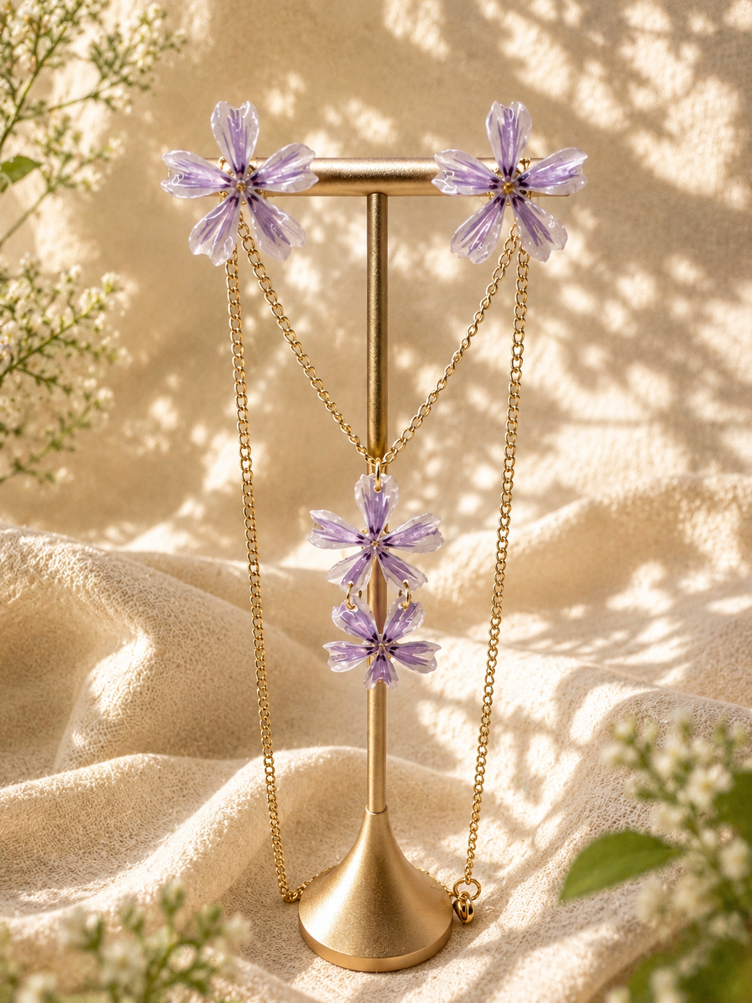 Lilac pressed flower jewellery set with stud earrings and pendant necklace on a display bust, 24k gold plated, handmade by Held Forever Studio