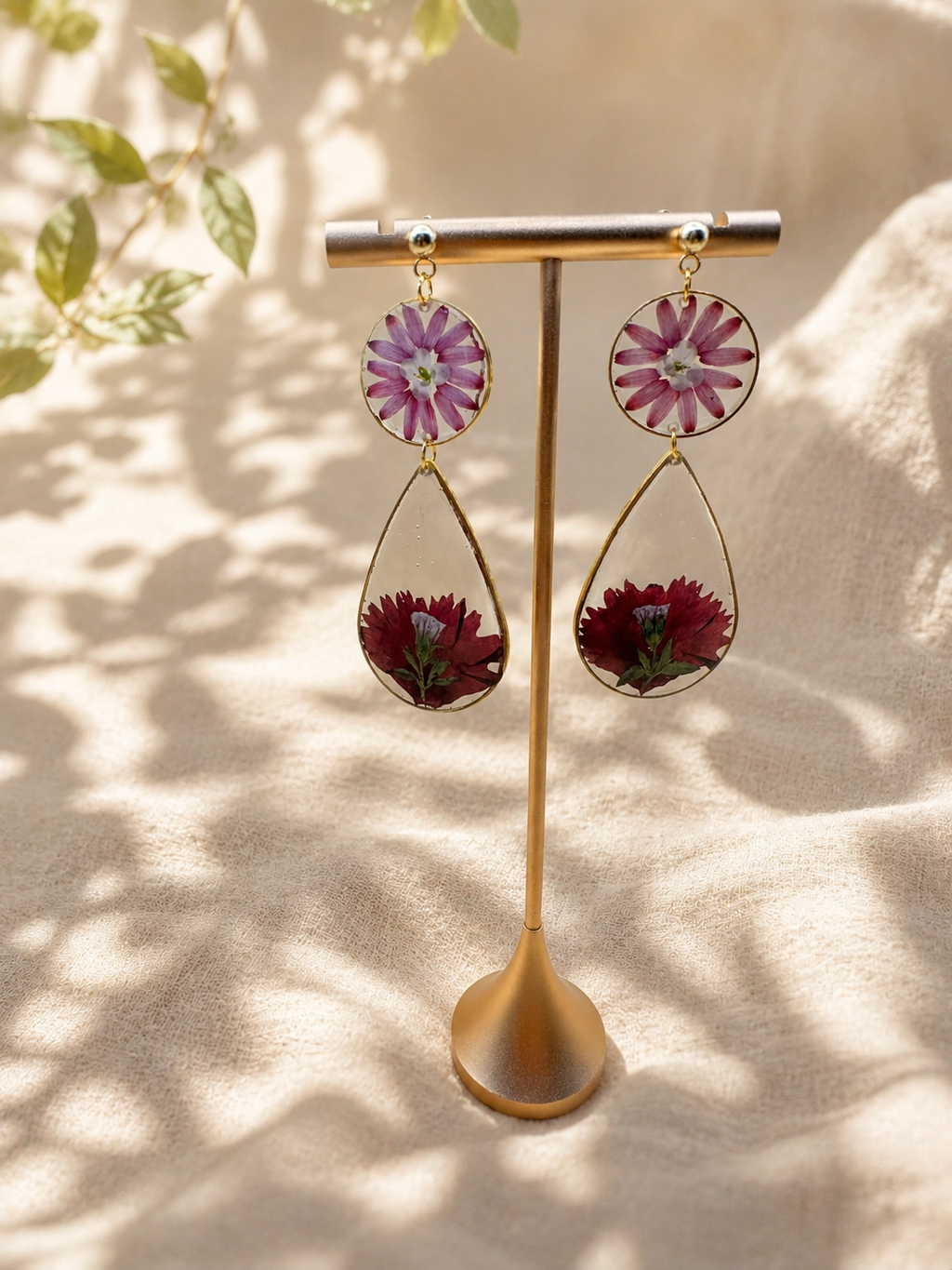 Pressed flower resin drop earring with 24K gold plating and pink pressed flower, handmade by Held Forever Studio