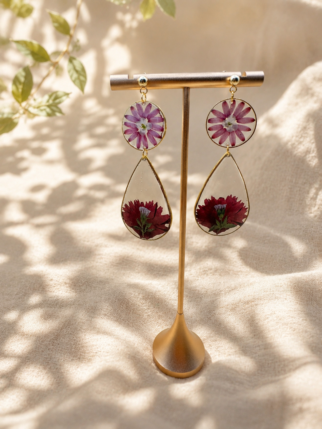 Pressed flower resin drop earring with 24K gold plating and pink pressed flower, handmade by Held Forever Studio