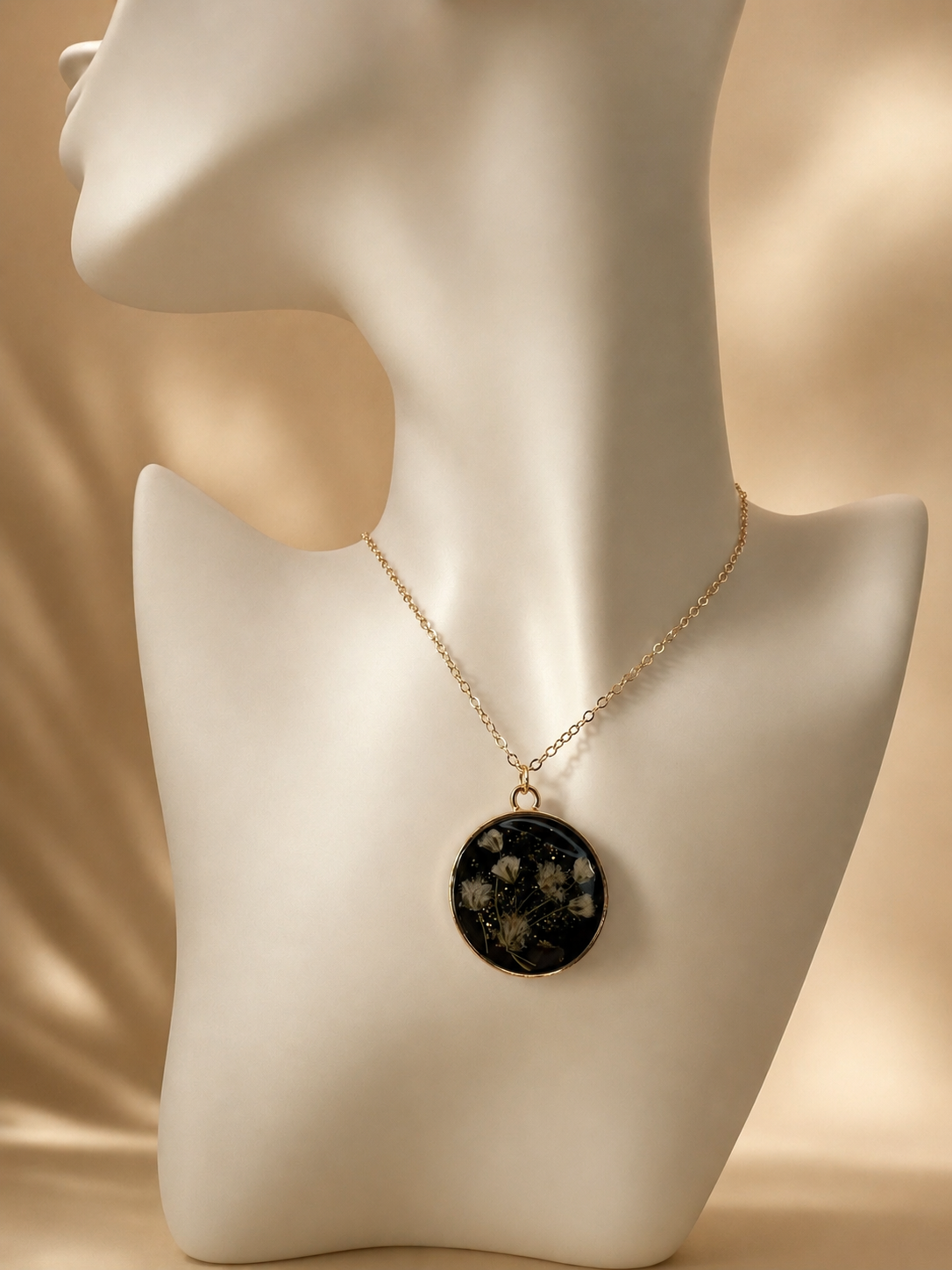 Dried Flower Resin Pendant Necklace | Black & Gold | Handmade Gift UK