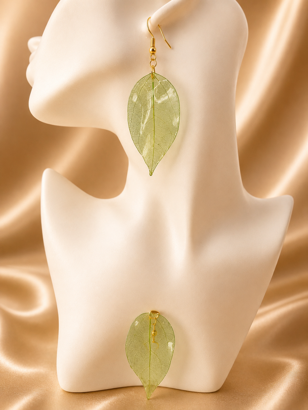 Real skeleton leaf drop earring in green UV resin on jewellery mannequin, handmade by Held Forever Studio