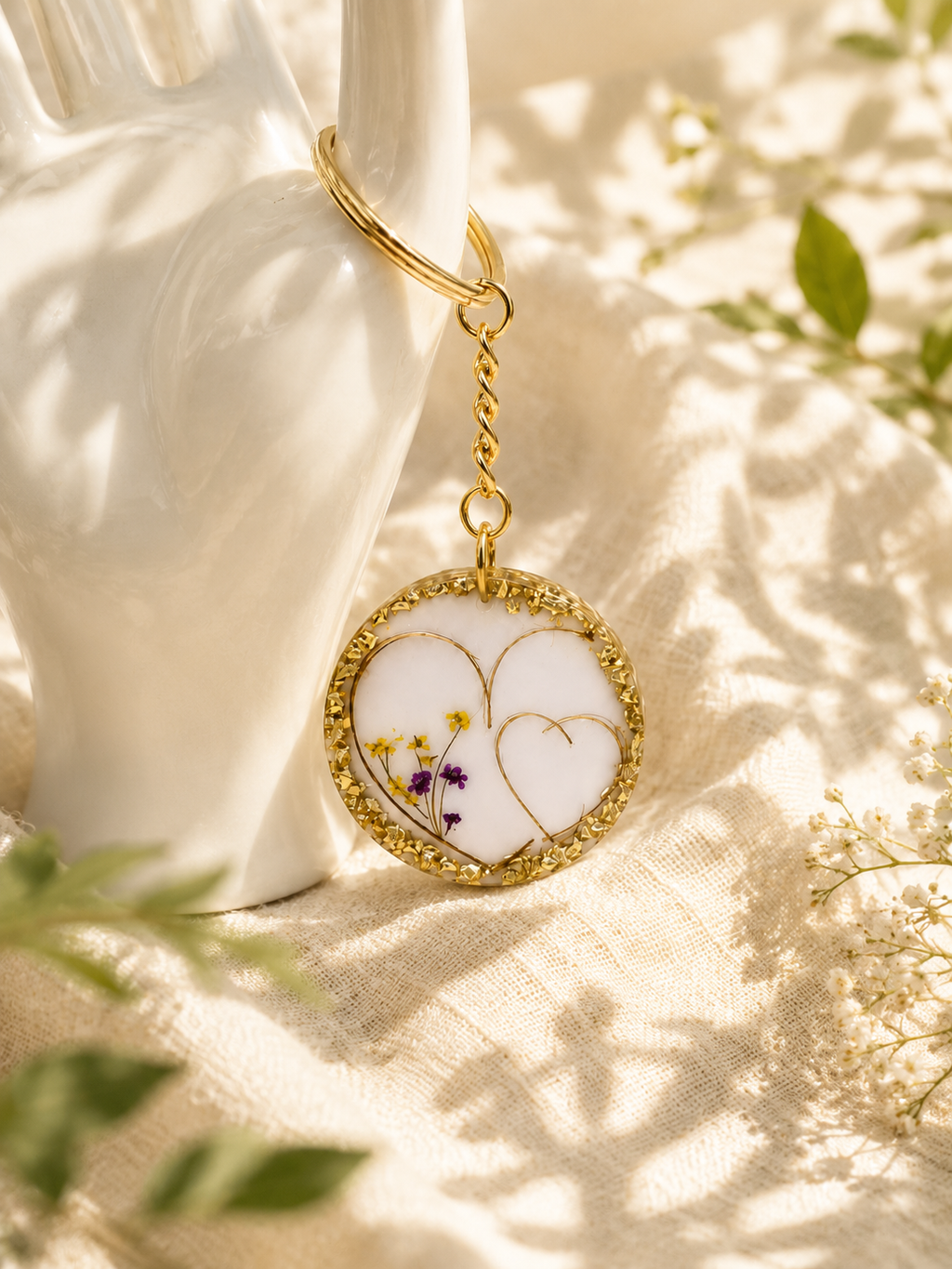 Pressed flower heart resin keyring with gold foil border and gold wire double heart, handmade by Held Forever Studio