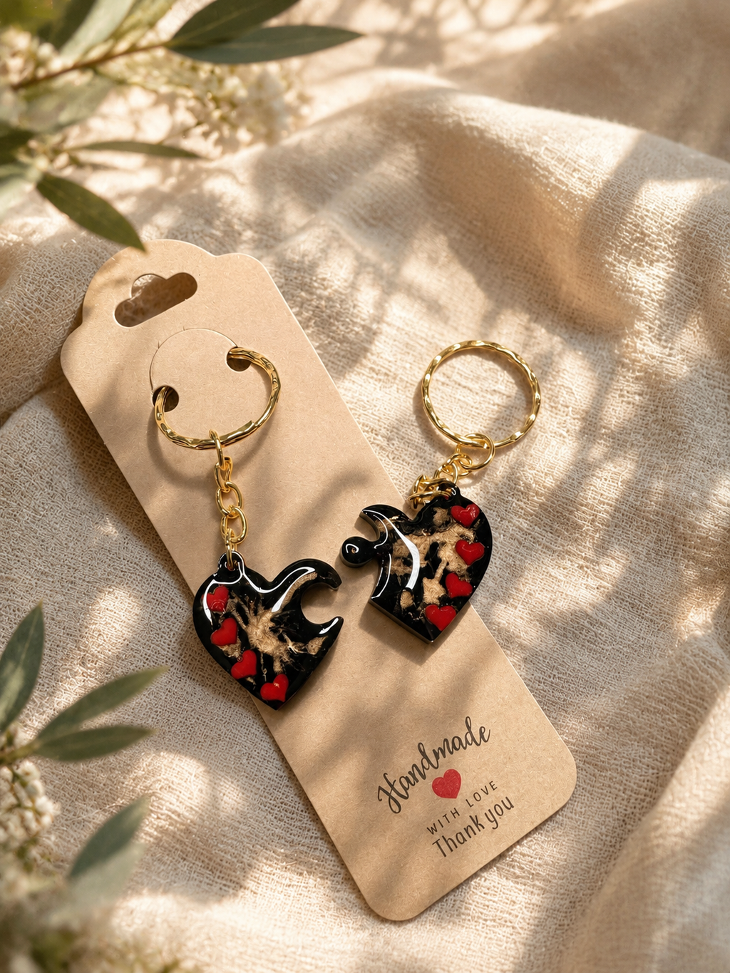 Matching resin heart keyring set in black and gold marble with red heart inclusions, hanging on ceramic display, handmade by Held Forever Studio