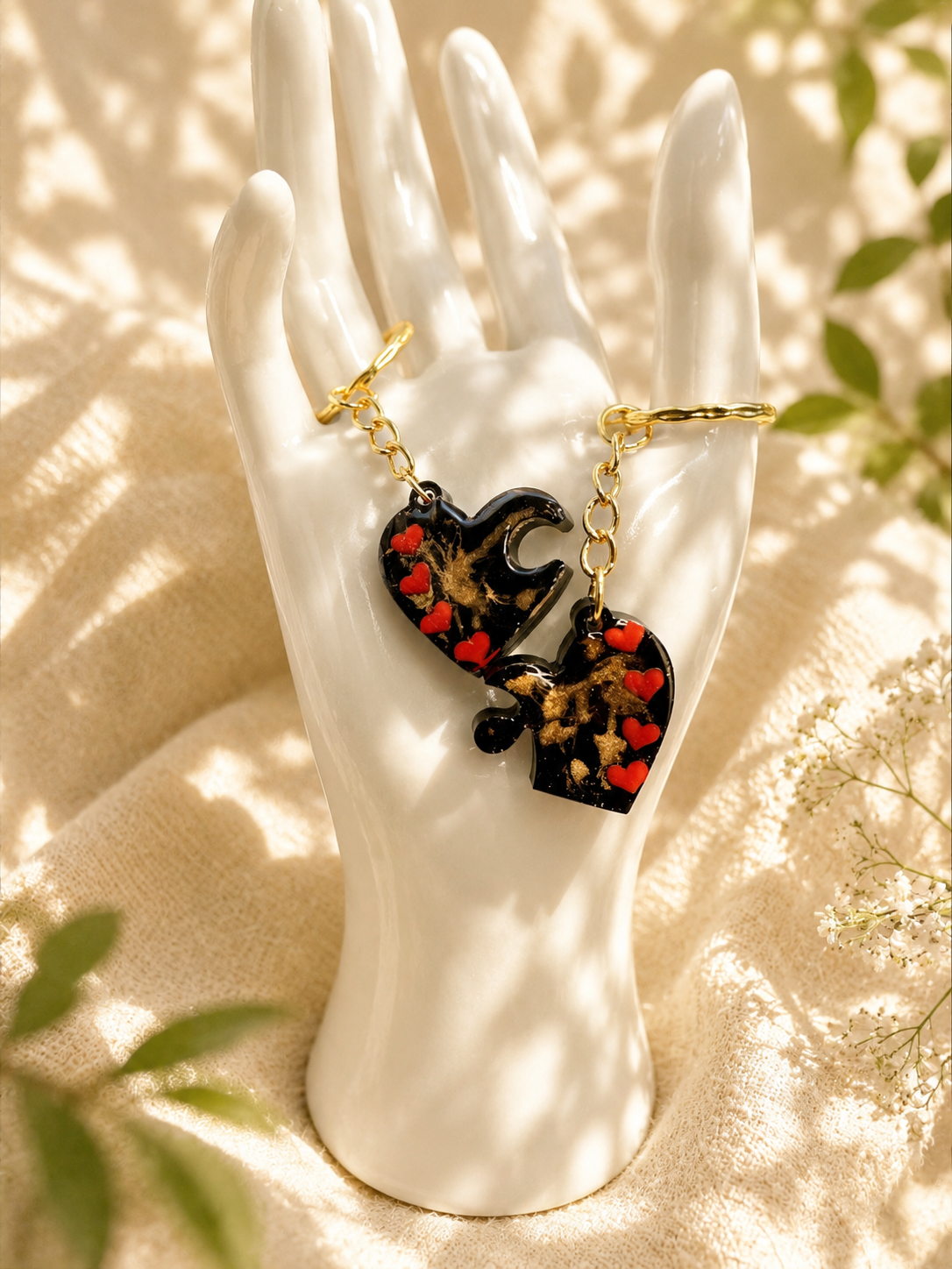 Matching heart resin keyring set on kraft display card with gold keyring hardware, handmade gift by Held Forever Studio