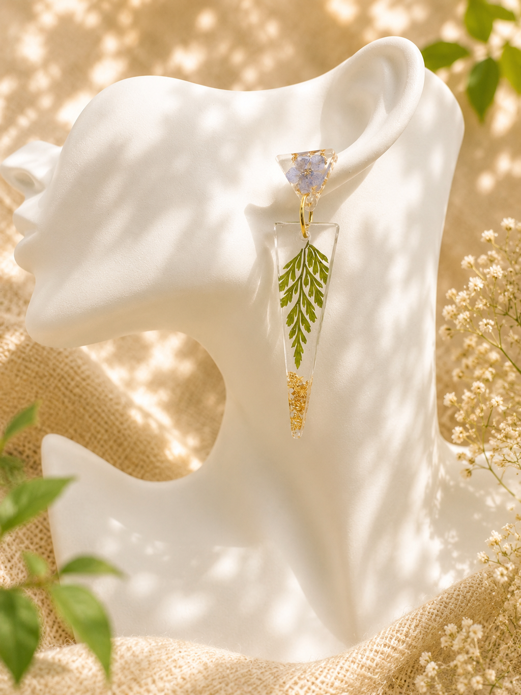 Clear resin triangle stud and spike pendant earrings with real fern and gold flakes – two-piece dangle set by Held Forever Studio UK