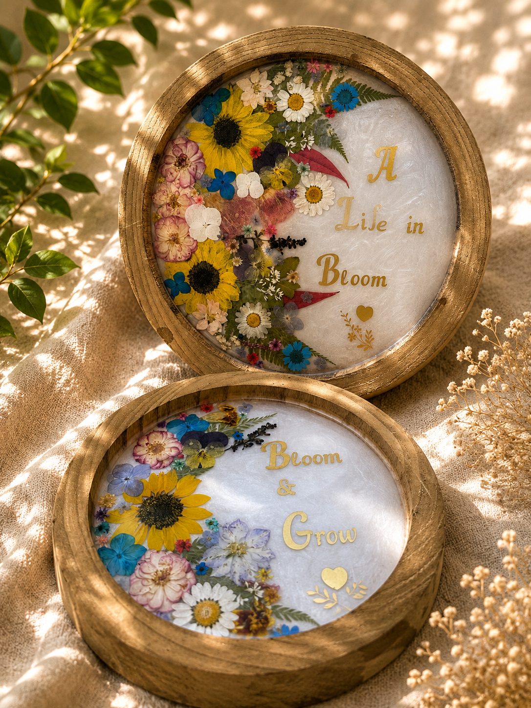 Set of 2 pressed flower resin trays in wood frames, Bloom and Grow and A Life in Bloom, handmade by Held Forever Studio