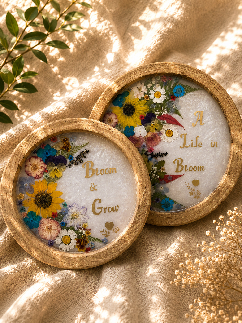 Pair of pressed flower resin trays with real flowers and gold foil lettering, handmade in Lancashire UK