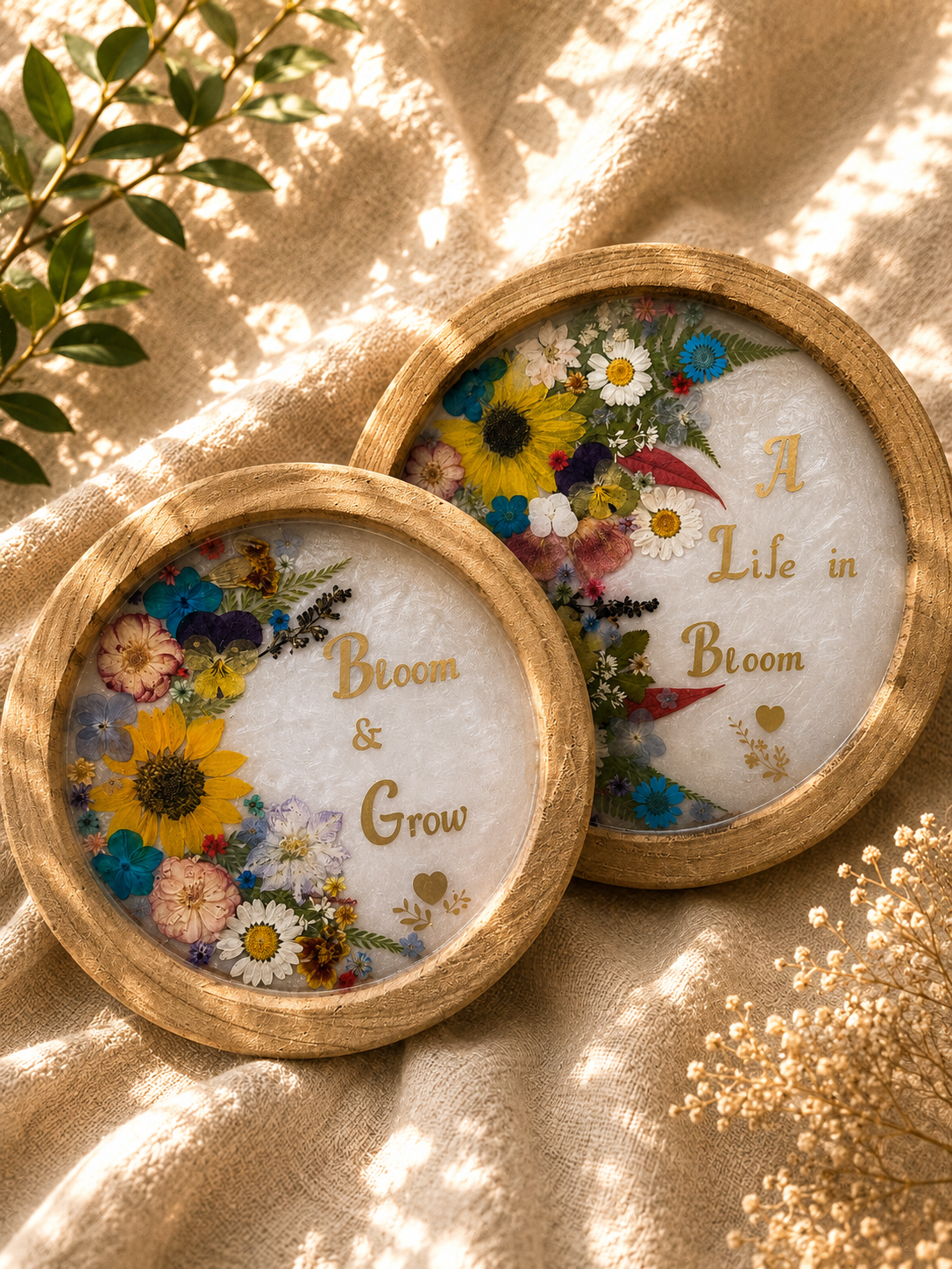 Pair of pressed flower resin trays with real flowers and gold foil lettering, handmade in Lancashire UK
