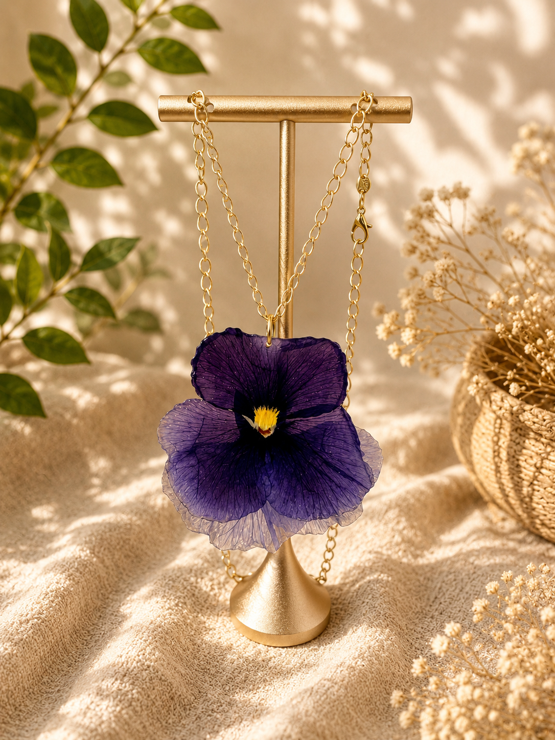 Pressed pansy resin pendant necklace on a stand, whole purple pansy flower with 18K gold plated chain, handmade by Held Forever Studio