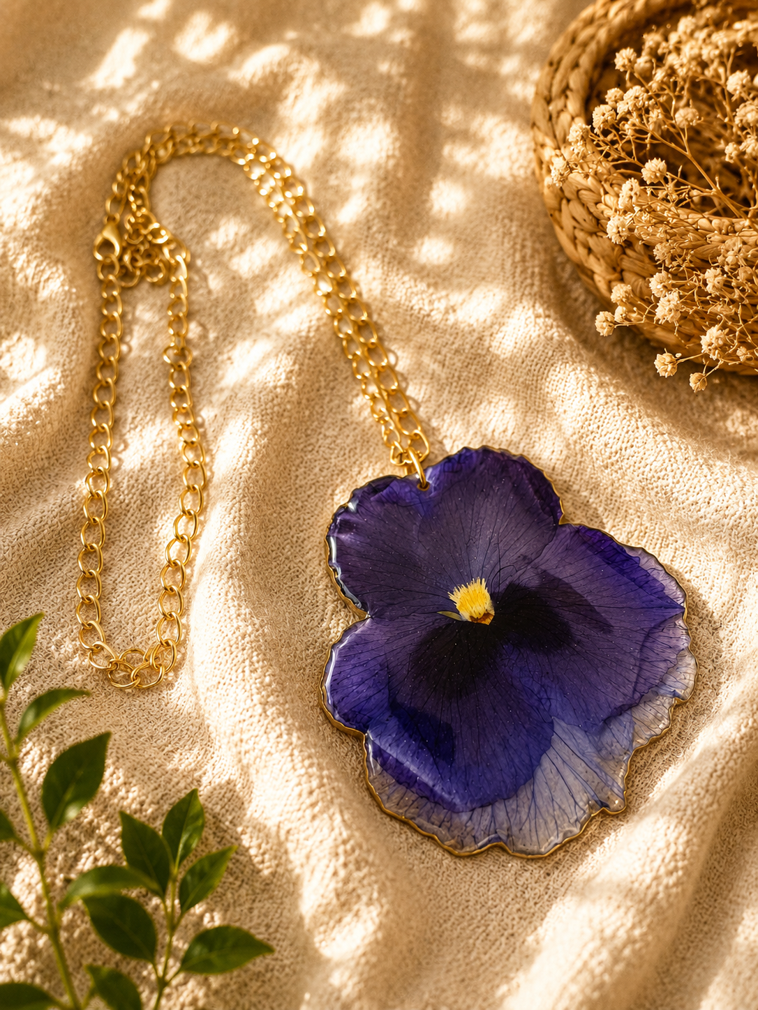 Pressed pansy resin pendant necklace worn on a display bust, gold plated chain, handmade in Lancashire UK