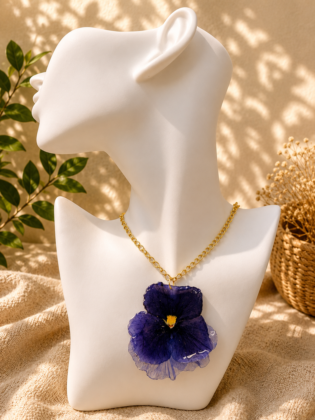 Close up of pressed pansy resin pendant worn on the neck showing the flower detail, handmade by Held Forever Studio
