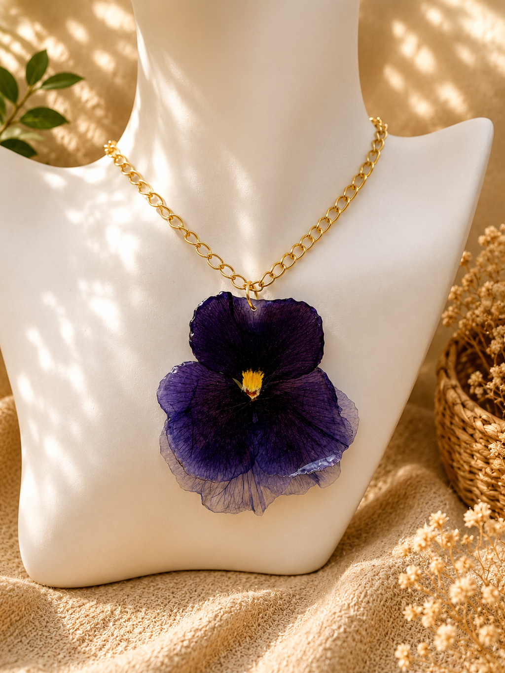 Detail shot of the pressed pansy flower preserved in resin with gold plated edging, handmade in Lancashire UK