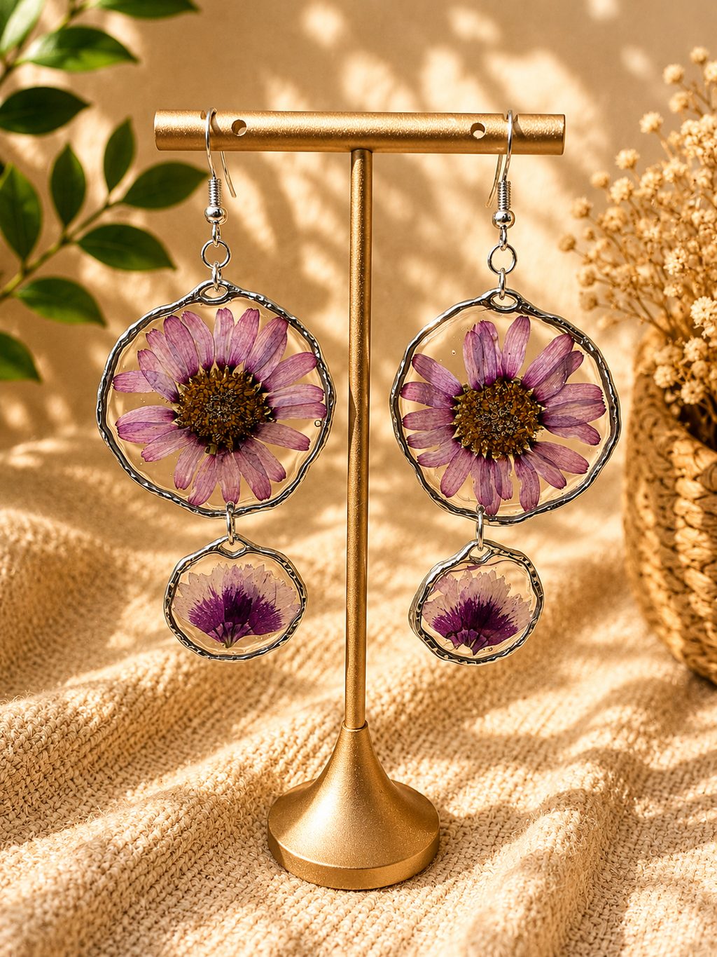 Pressed daisy resin drop earring with hammered silver wire edging, handmade by Held Forever Studio
