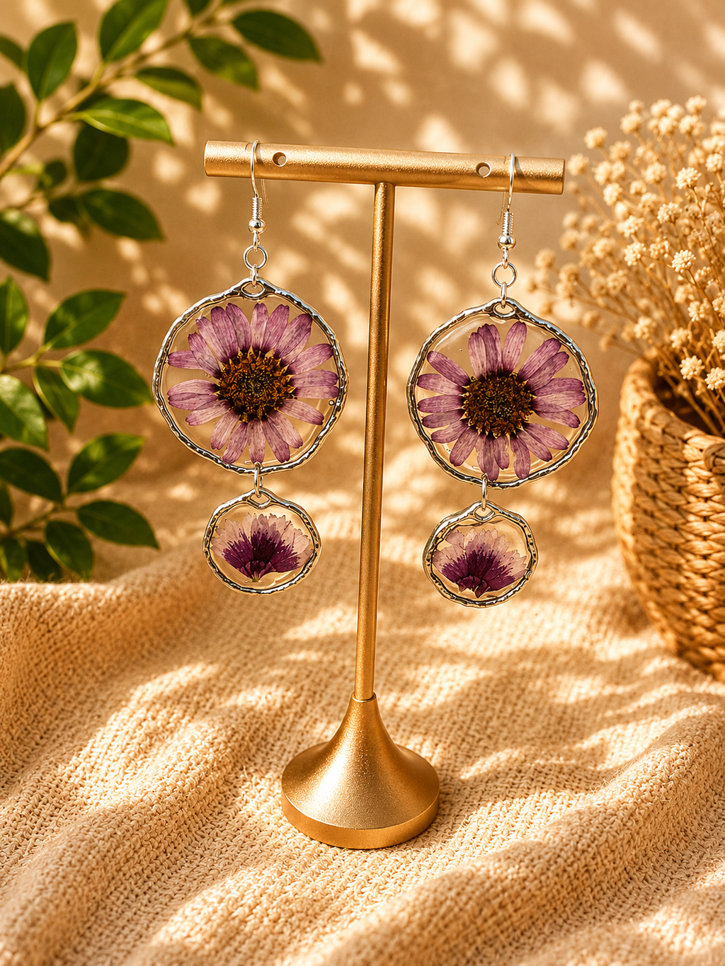 Pair of pressed daisy resin drop earrings on a stand, 925 sterling silver hooks, handmade in Lancashire UK
