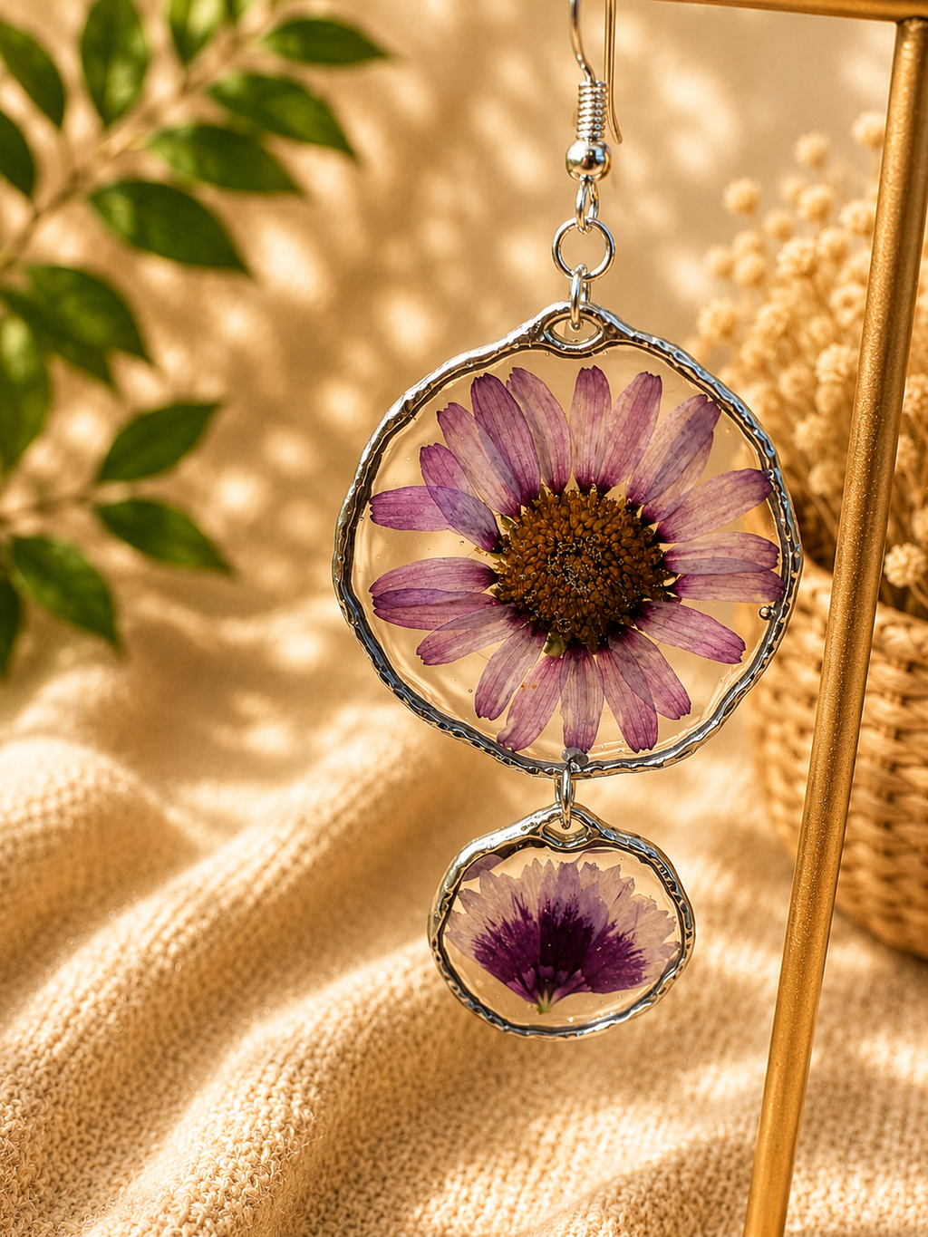 Pressed daisy resin drop earrings worn on the ear, showing stained glass style silver frame, handmade by Held Forever Studio