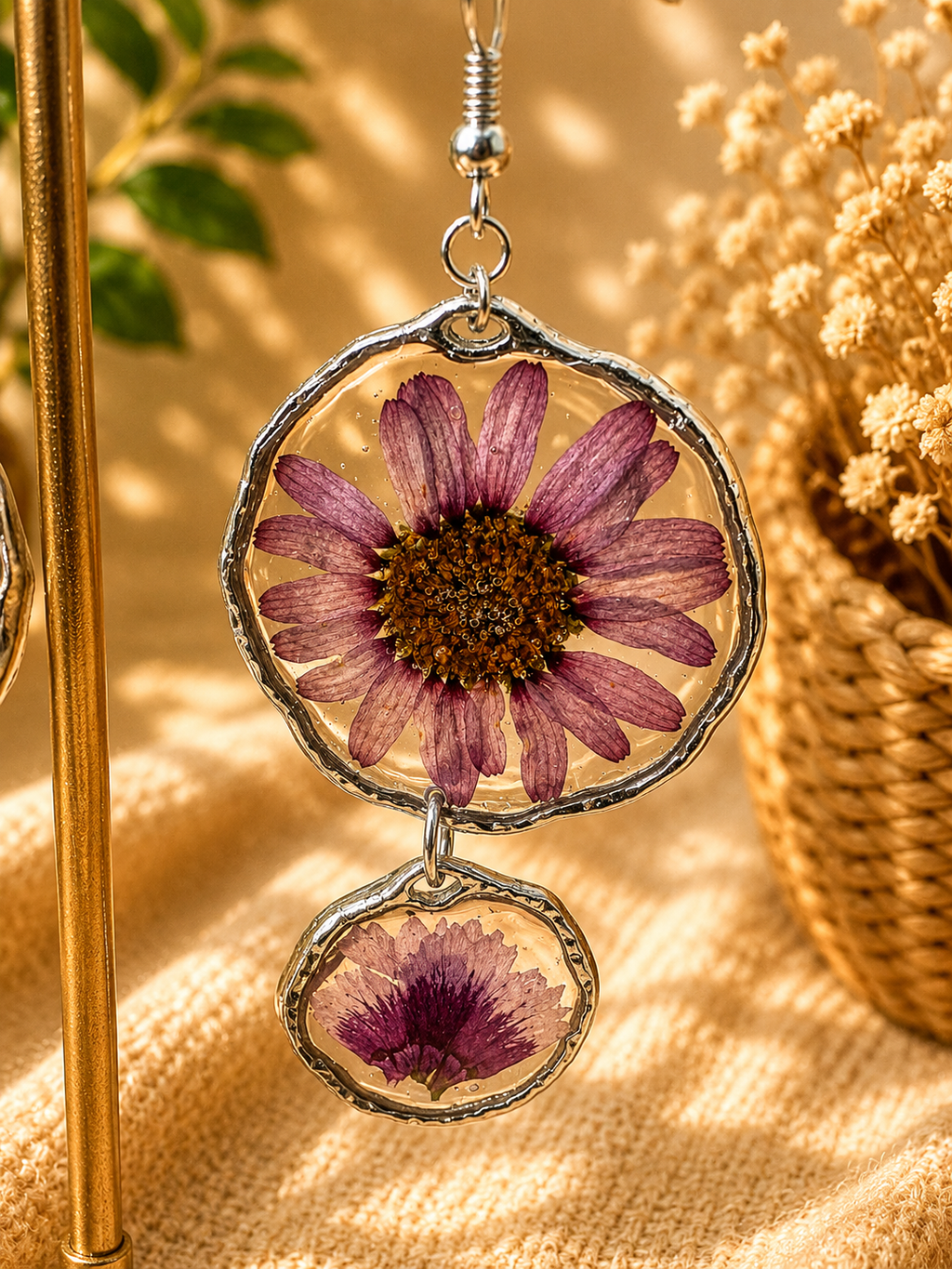 Close up of pressed daisy resin drop earring showing real flower detail, handmade in Lancashire UK