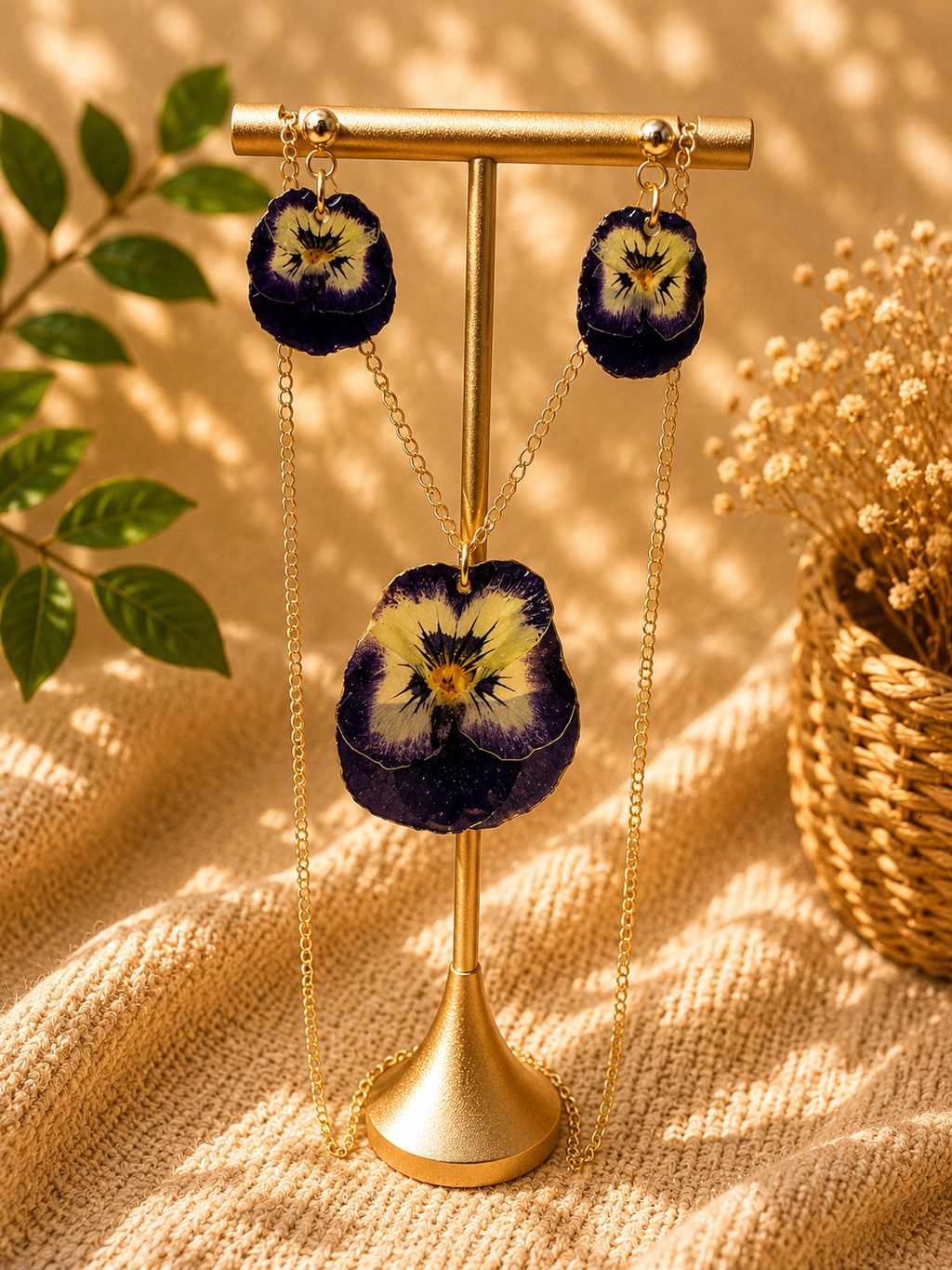 Pansy pressed flower jewellery set — drop earrings and pendant necklace with real pansy flowers in 24K gold plated resin, handmade by Held Forever Studio