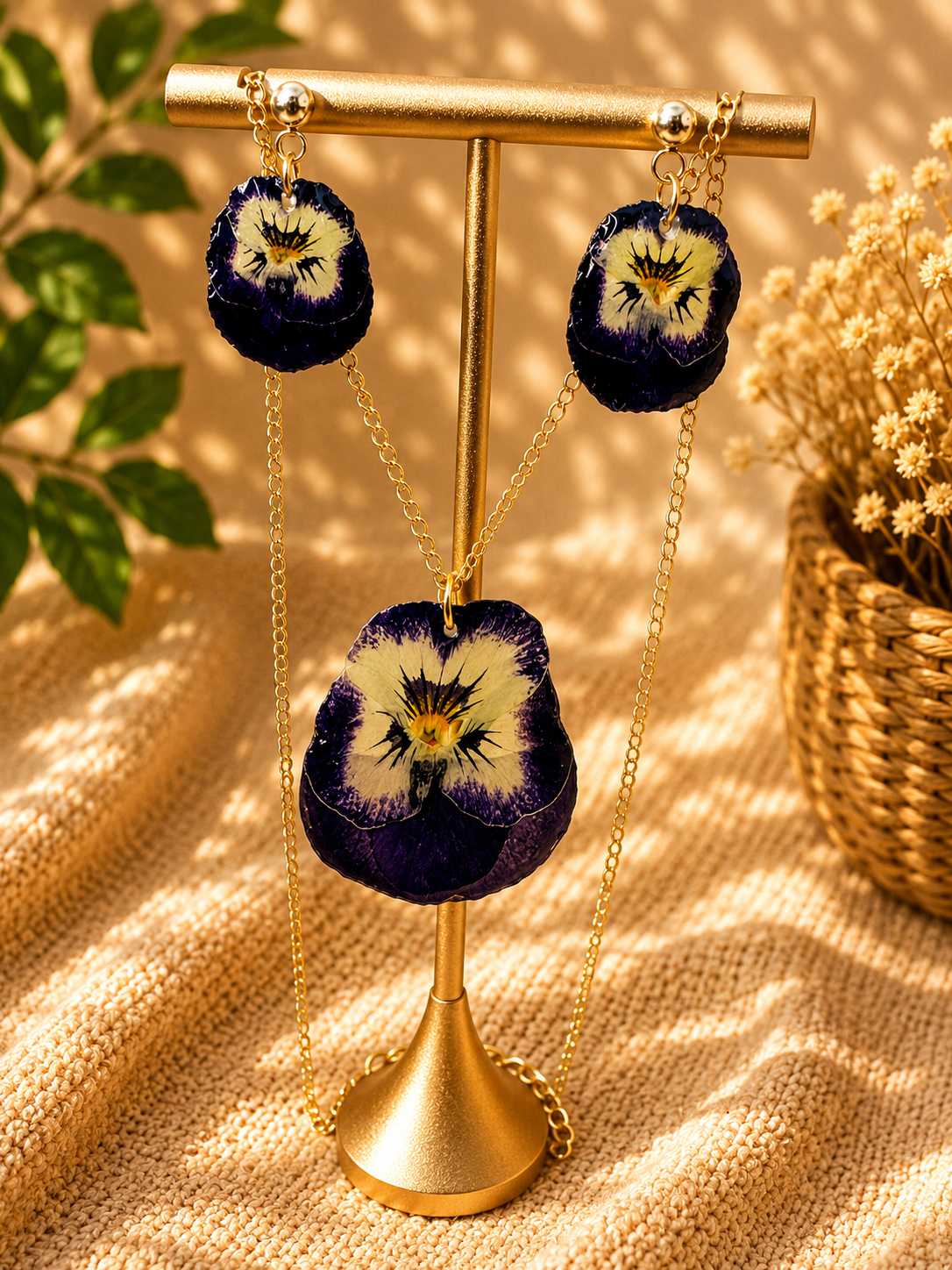 Close up of pansy resin drop earrings with 24K gold plated edging, handmade in Lancashire UK