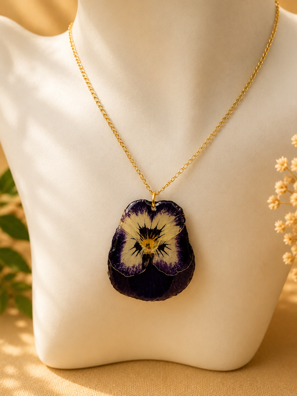 Detail of real pressed pansy flower set in clear resin with gold plated edging, handmade in Lancashire UK