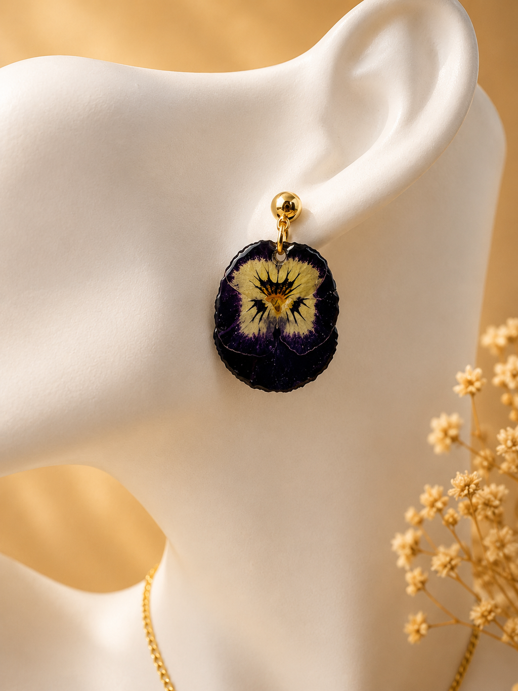Pansy pressed flower jewellery set styled together, earrings and necklace handmade by Held Forever Studio