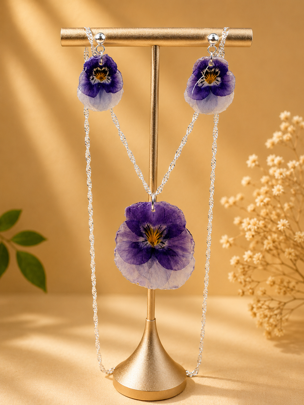 Pansy pressed flower pendant necklace worn on the neck, real pansy flower in 925 sterling silver resin, handmade by Held Forever Studio