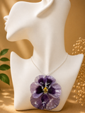 Deep purple pansy pressed flower pendant necklace worn on the neck, real pansy flower in 925 sterling silver resin, handmade by Held Forever Studio