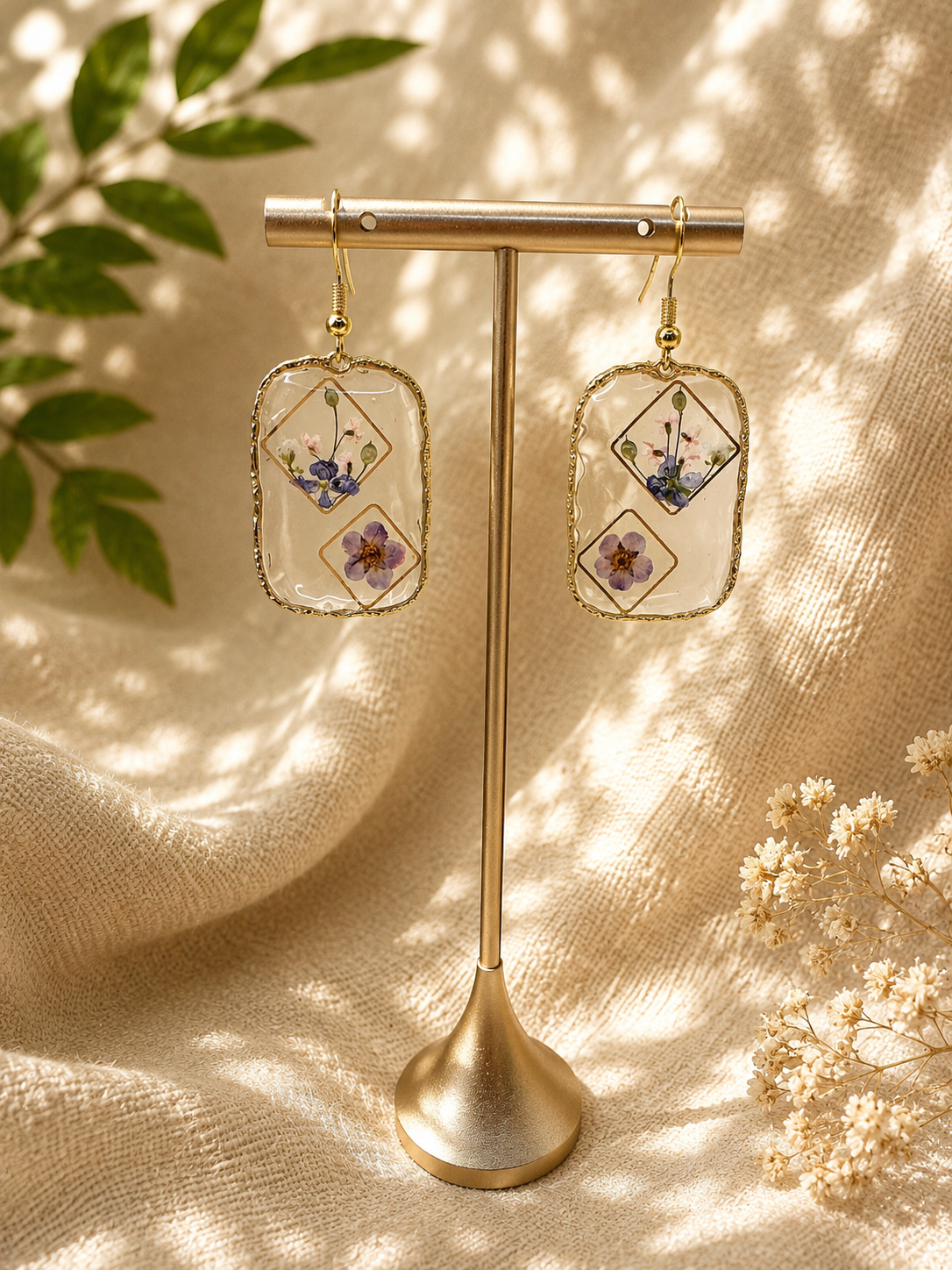 Pressed Wildflower Resin Drop Earrings | 14k Gold Frame | Handmade UK