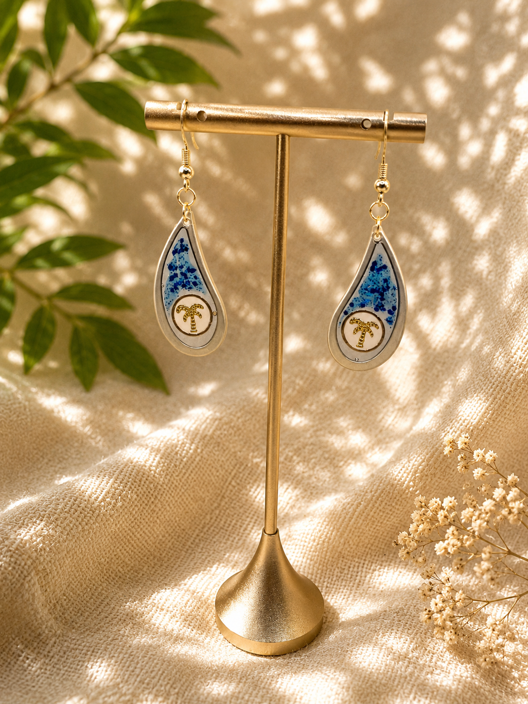 Palm Tree Ocean Resin Teardrop Earrings | Gold Hooks | Handmade UK