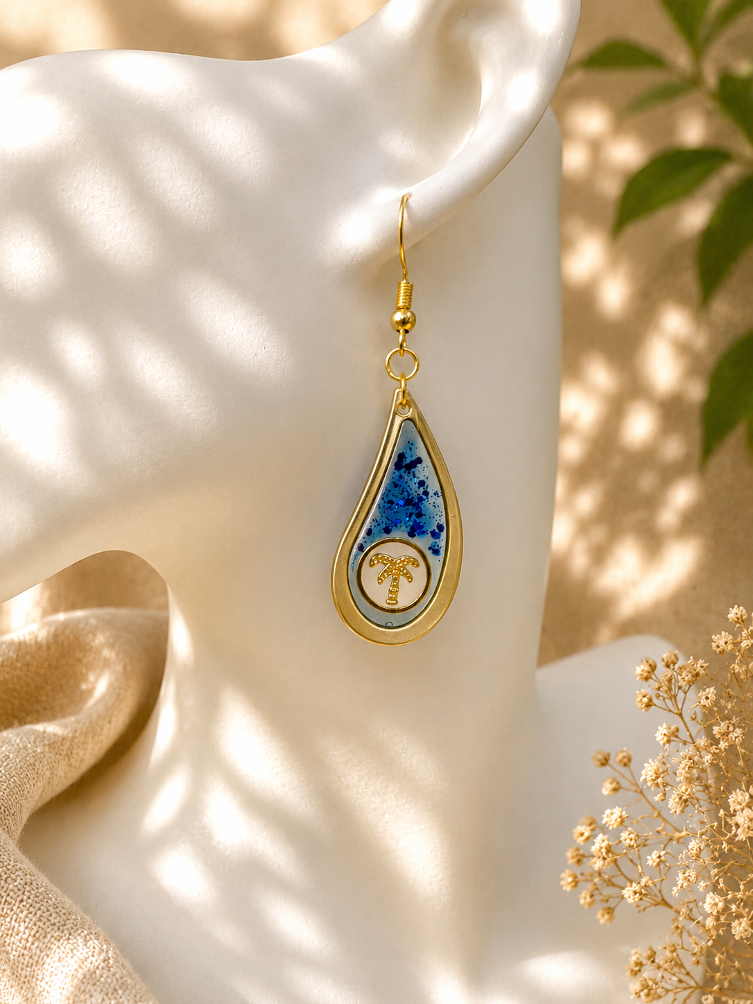 Palm Tree Ocean Resin Teardrop Earrings | Gold Hooks | Handmade UK