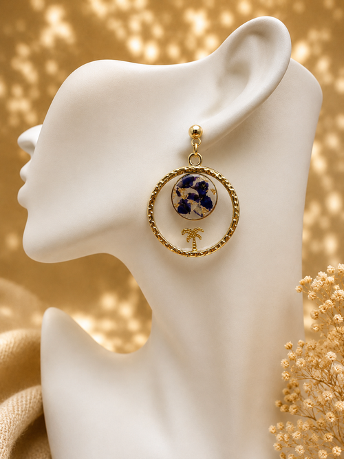 Blue & Gold Palm Tree Resin Hoop Earrings | 24k Gold Plated | UK