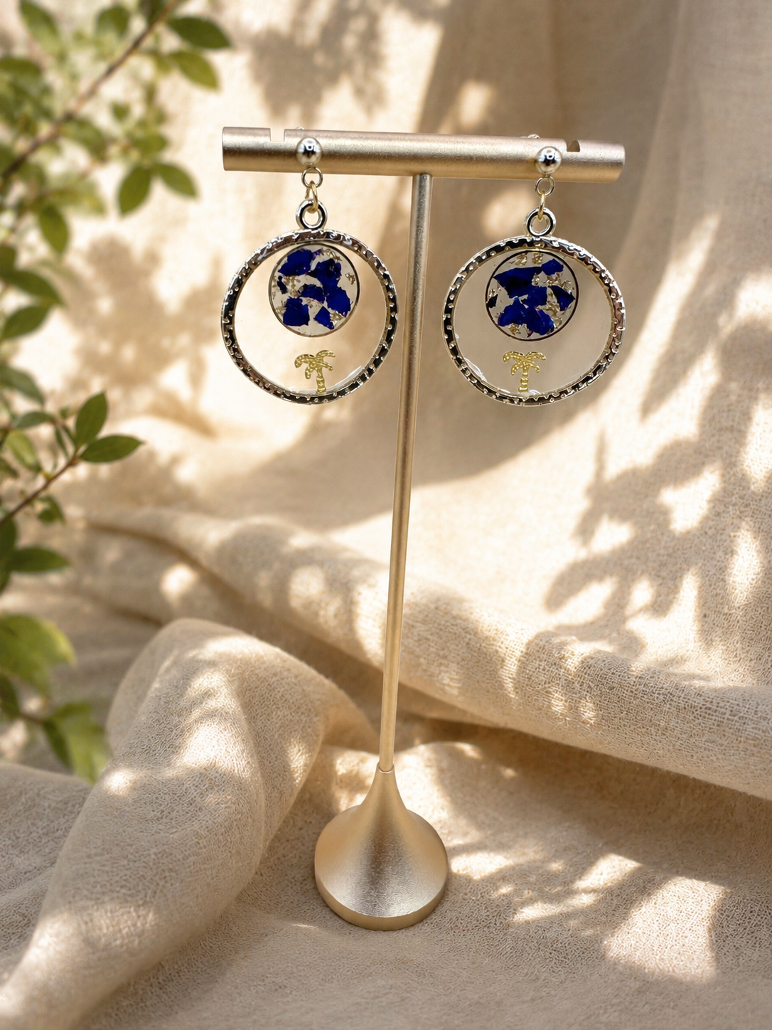 Blue & Gold Palm Tree Resin Hoop Earrings | 24k Gold Plated | UK