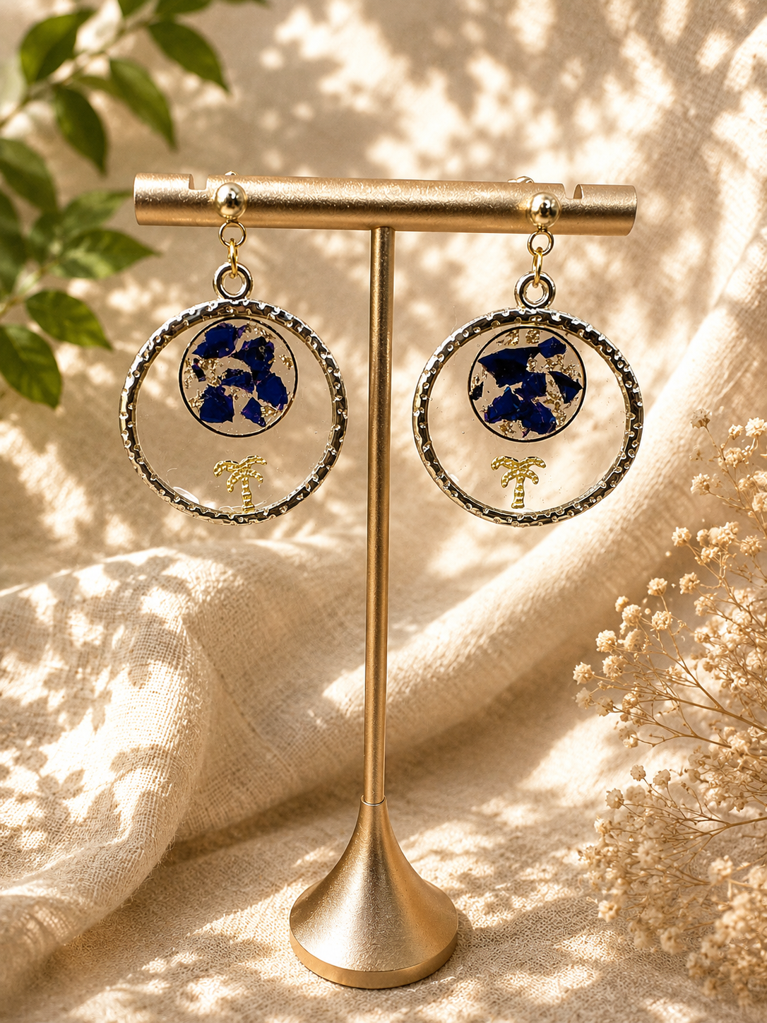 Blue & Gold Palm Tree Resin Hoop Earrings | 24k Gold Plated | UK
