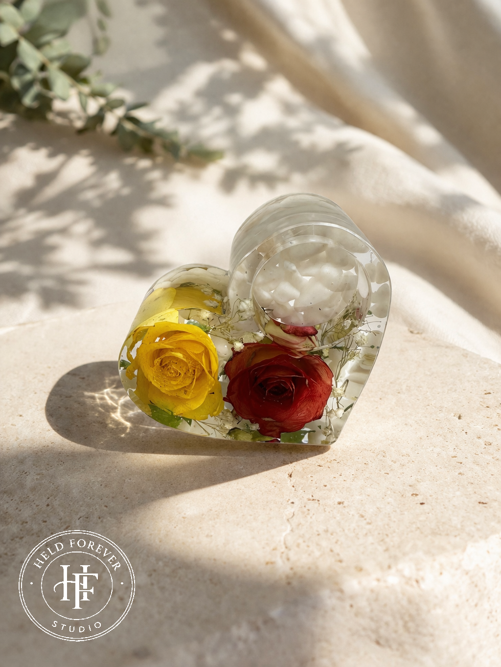Heart shaped resin tealight holder with real dried roses and flowers, handmade by Held Forever Studio