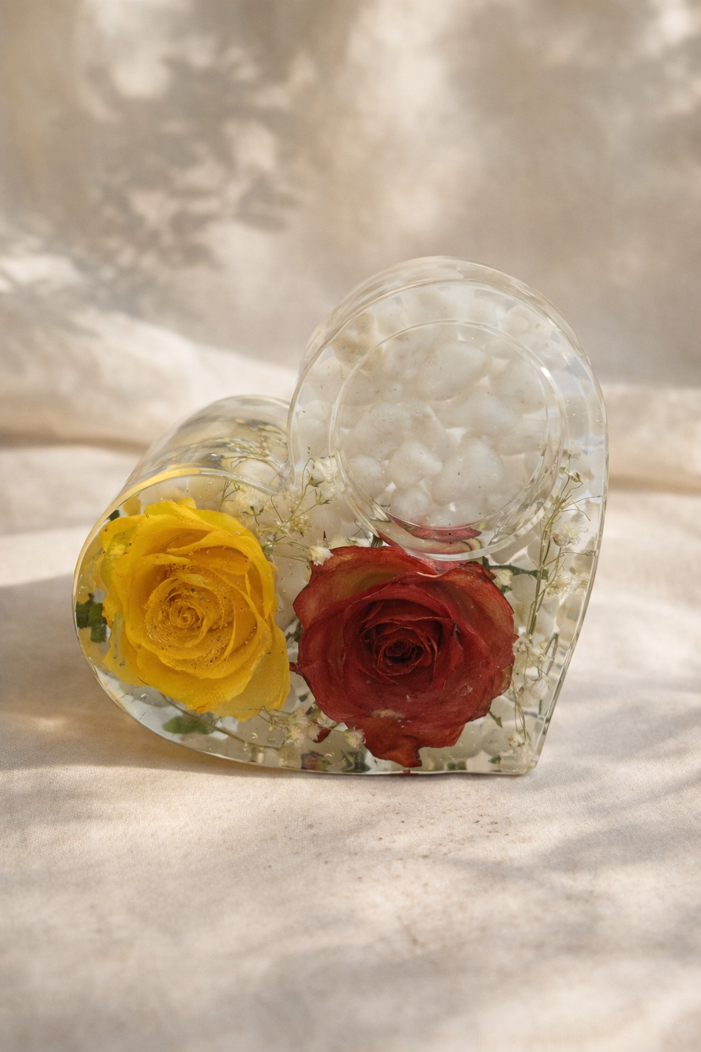 Heart resin tealight holder with real dried flowers lit by candle, handmade gift UK